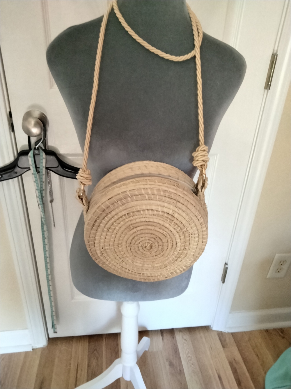 Woven Round Crossbody Bag in Beige
